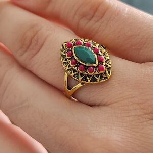 Victorian Yellow Gold Tone  Garnet and Turquoise Ring
